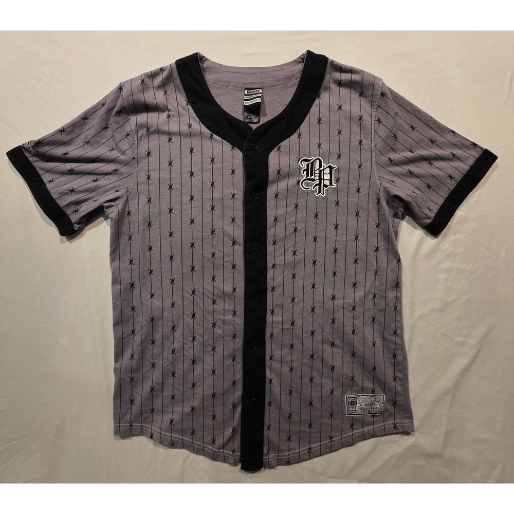 Broken Promises Baseball Jersey Mens Large Gray Purple Barbed Wire Button Front